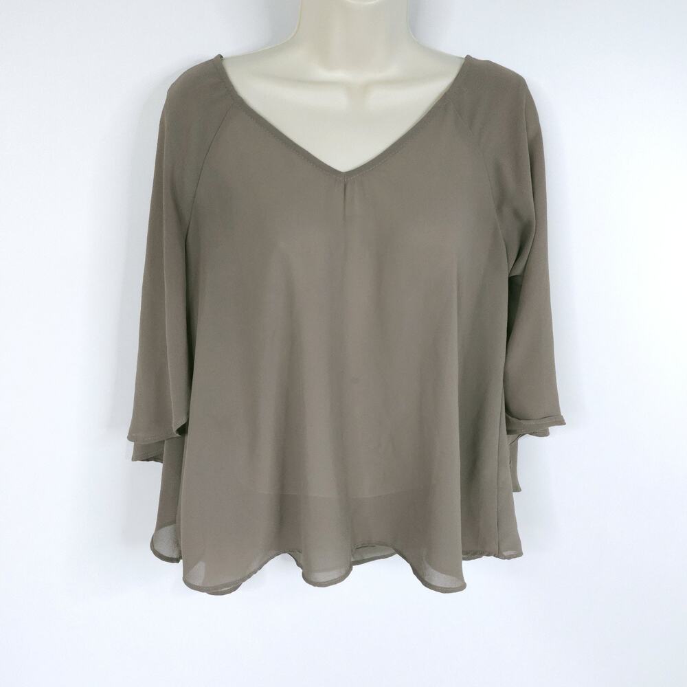 Womens Blouse Top Shirt Small Brown Chiffon V Neck With Back Cape
